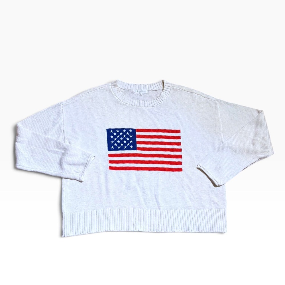 Z Supply Womens American Flag Knit Sweater White Patriotic Crewneck Small